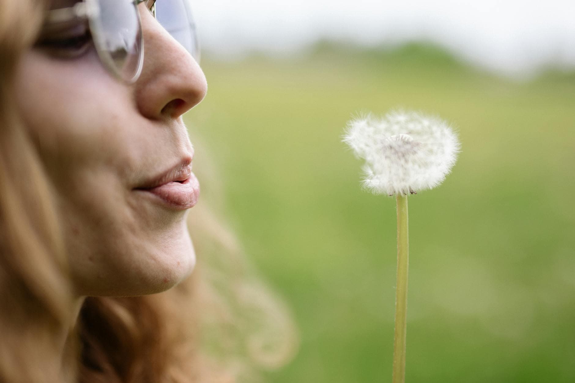 A woman in glasses blows a dandelion in a lush green field. Capturing a serene, natural moment. - mindfulness spring allergies