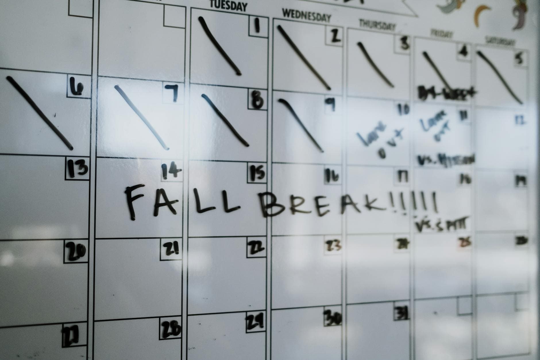 Close-up of a whiteboard calendar with 'FALL BREAK' written in bold letters. - post-break communication
