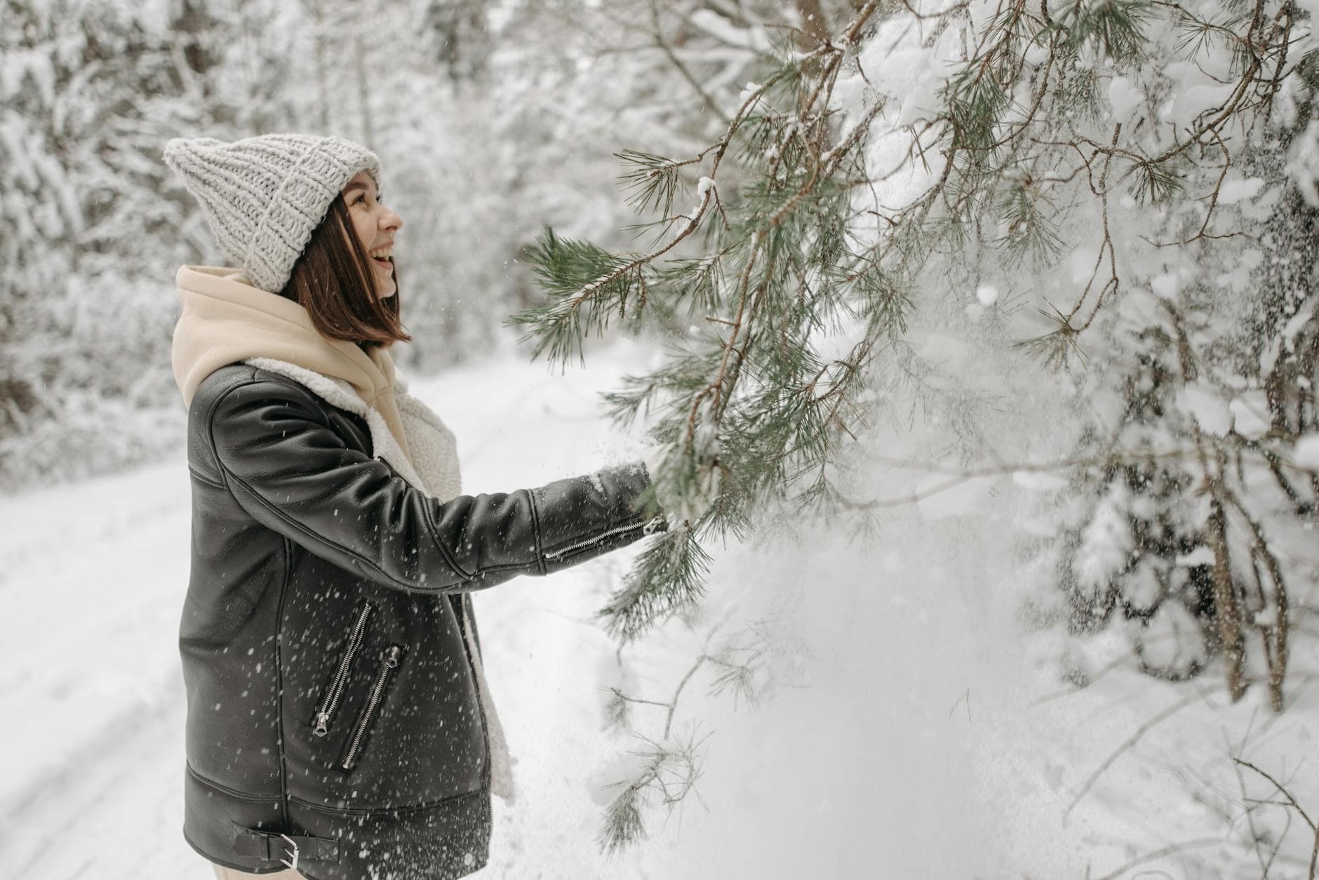 Happy woman in a leather jacket and knitted cap shakes snow off branches in a winter forest. - manage winter anxiety