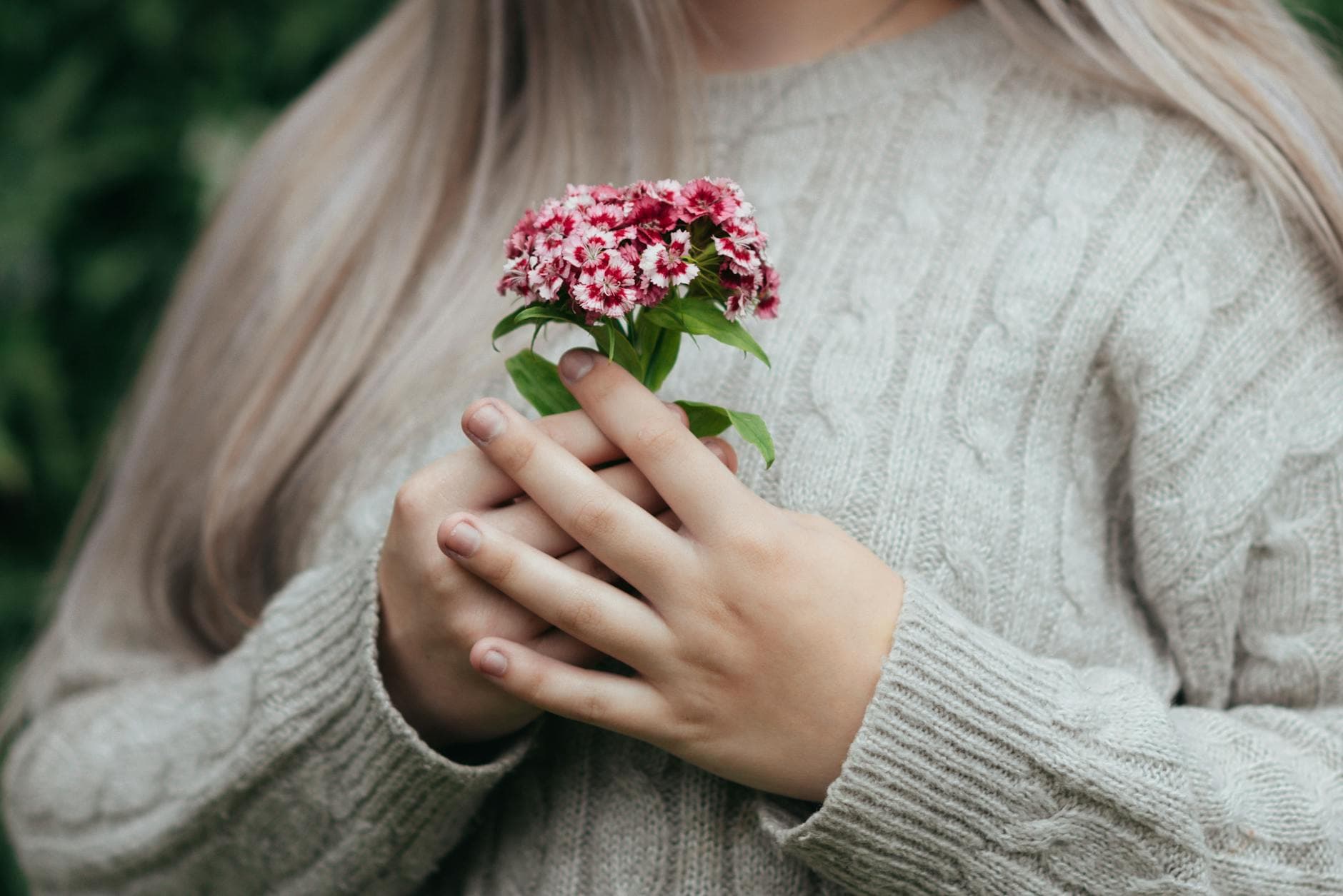 Crop unrecognizable female with long blond hair in casual clothes standing with fresh blooming sweet William flower in hands in daytime - spring fever anxiety