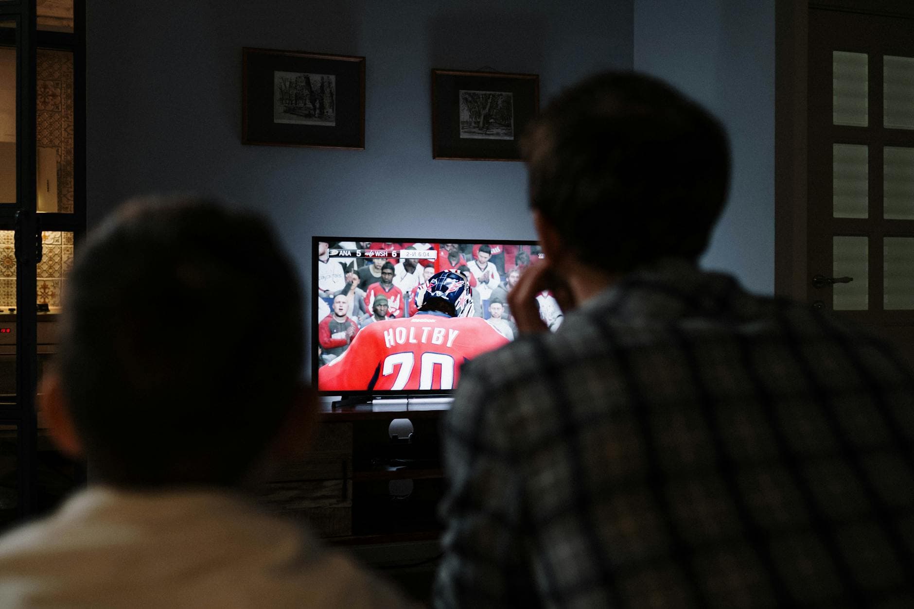 Father and son enjoying a hockey game together on TV from their living room. - winter indoor activities no screens