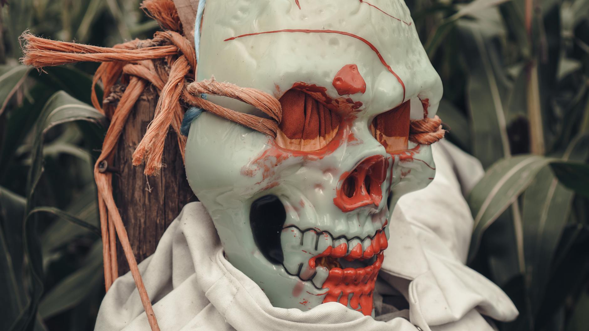 Close-up of a spooky Halloween mask tied to a post amidst cornstalks, creating an eerie scarecrow effect. - cbt for holiday anxiety