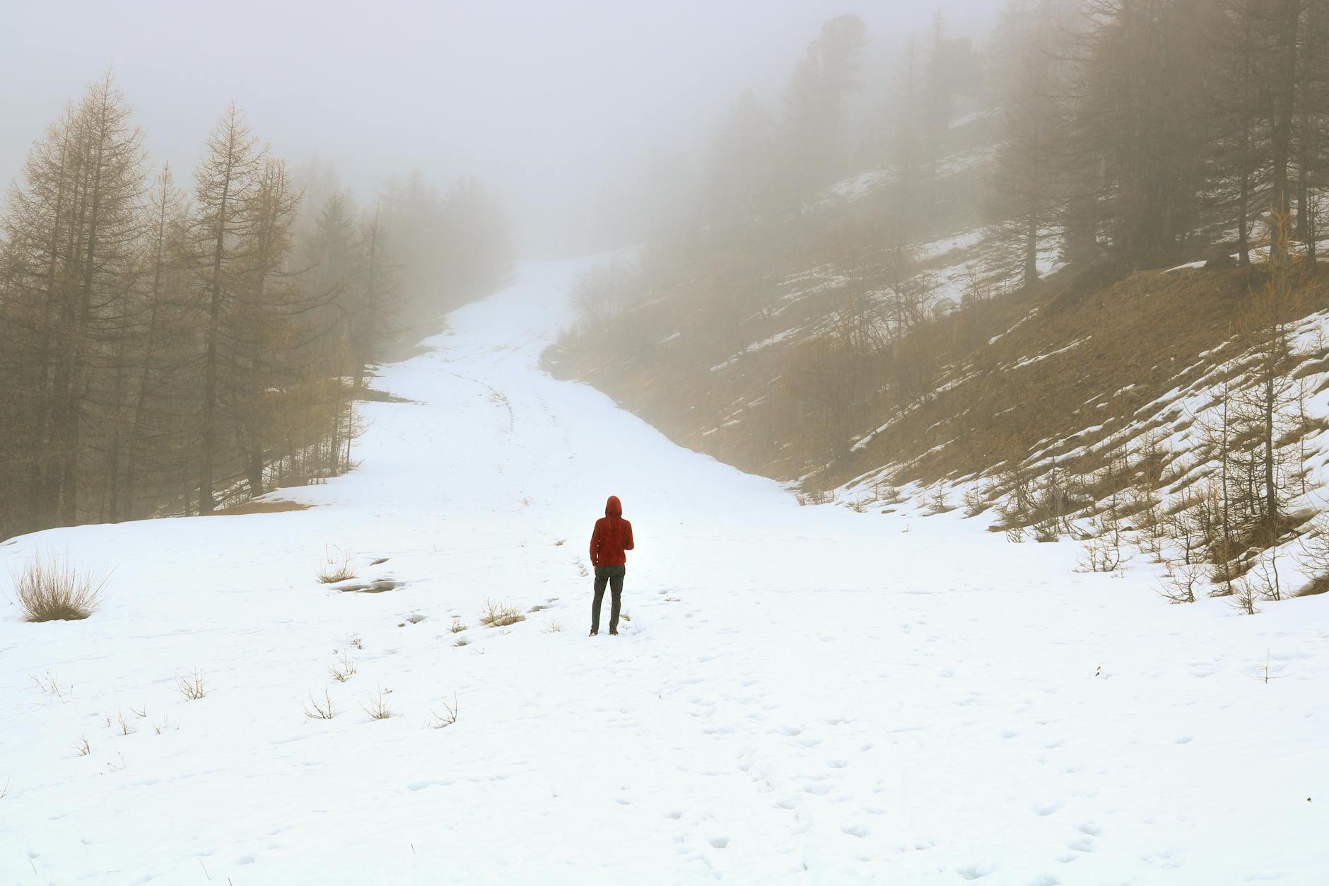 A lone person in red explores a foggy, snowy mountain path surrounded by trees. - overcoming winter loneliness