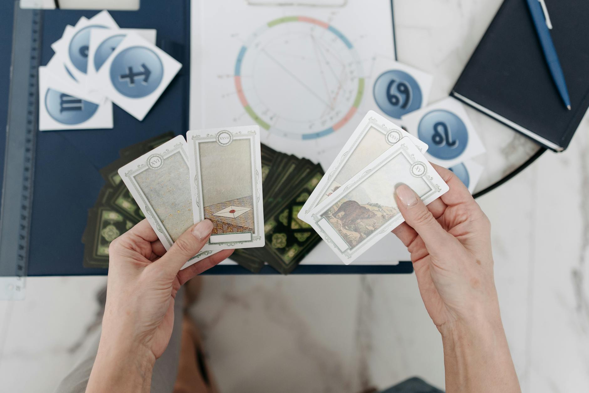 Hands holding tarot cards above an astrological chart with zodiac symbols scattered on the table. - toxic relationship zodiac signs
