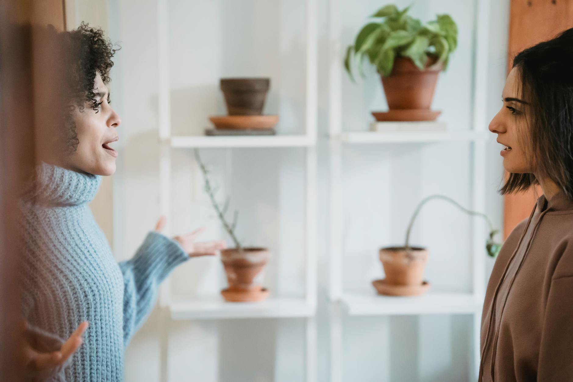 Side view of African American female yelling at woman while looking at each other during conflict in room with green plants - active listening difficult conversations