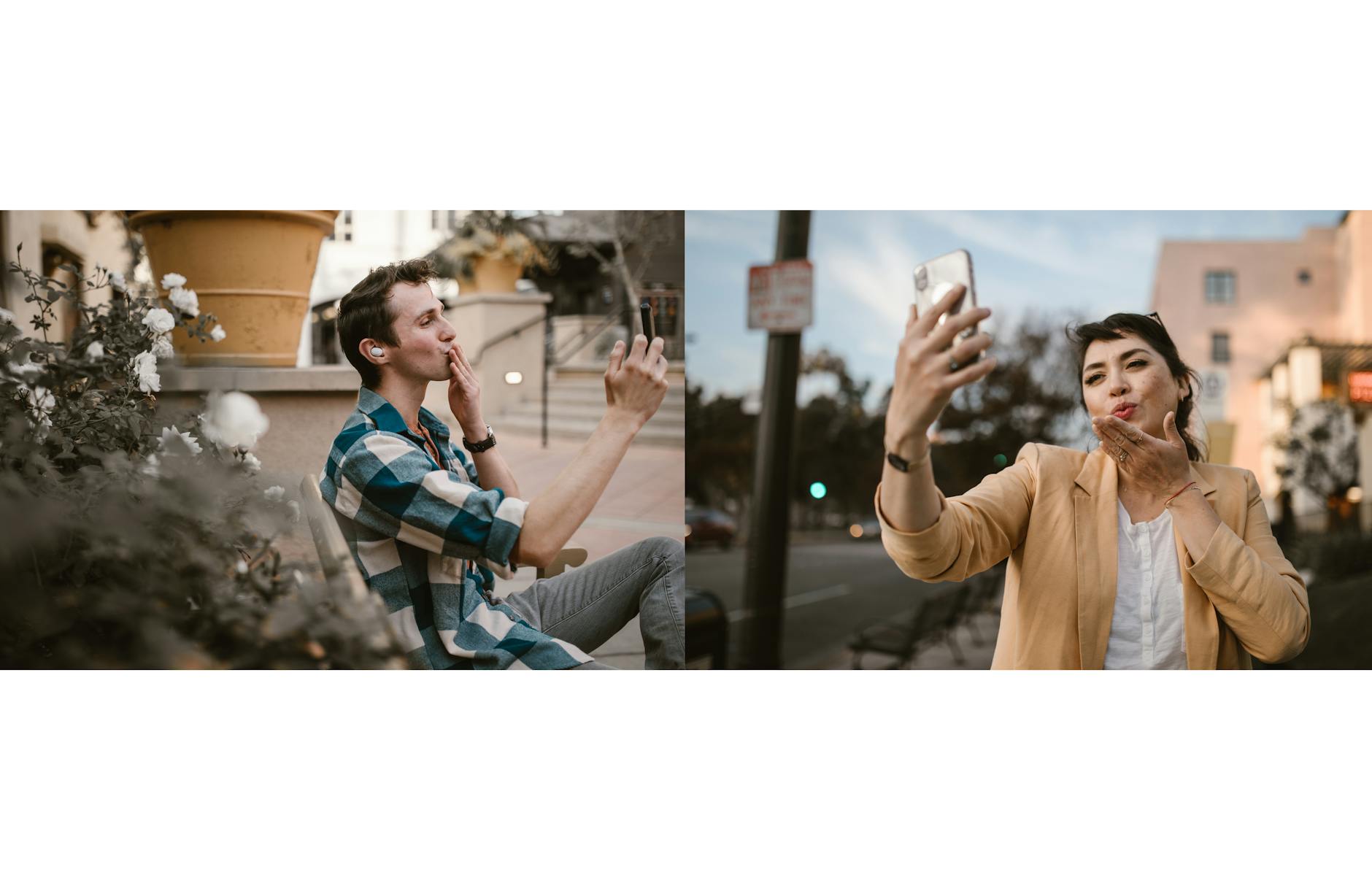 A couple sharing a virtual kiss via smartphones, highlighting long-distance love and connection. - couple communication goals