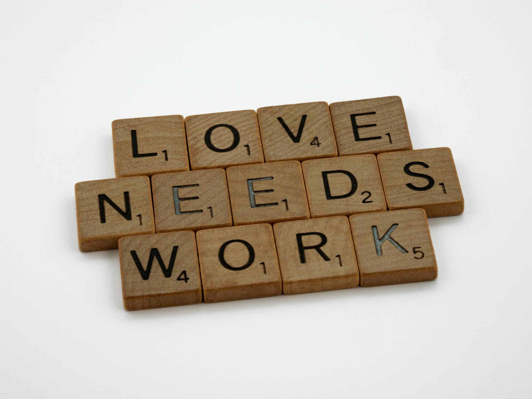 Scrabble tiles spelling 'Love Needs Work' on a white background, symbolizing relationship effort. - express needs clearly