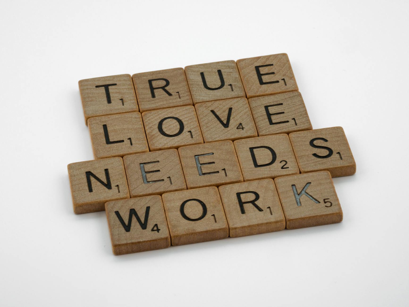 A close-up of wooden Scrabble tiles on a white surface spelling 'True Love Needs Work'. - express relationship needs