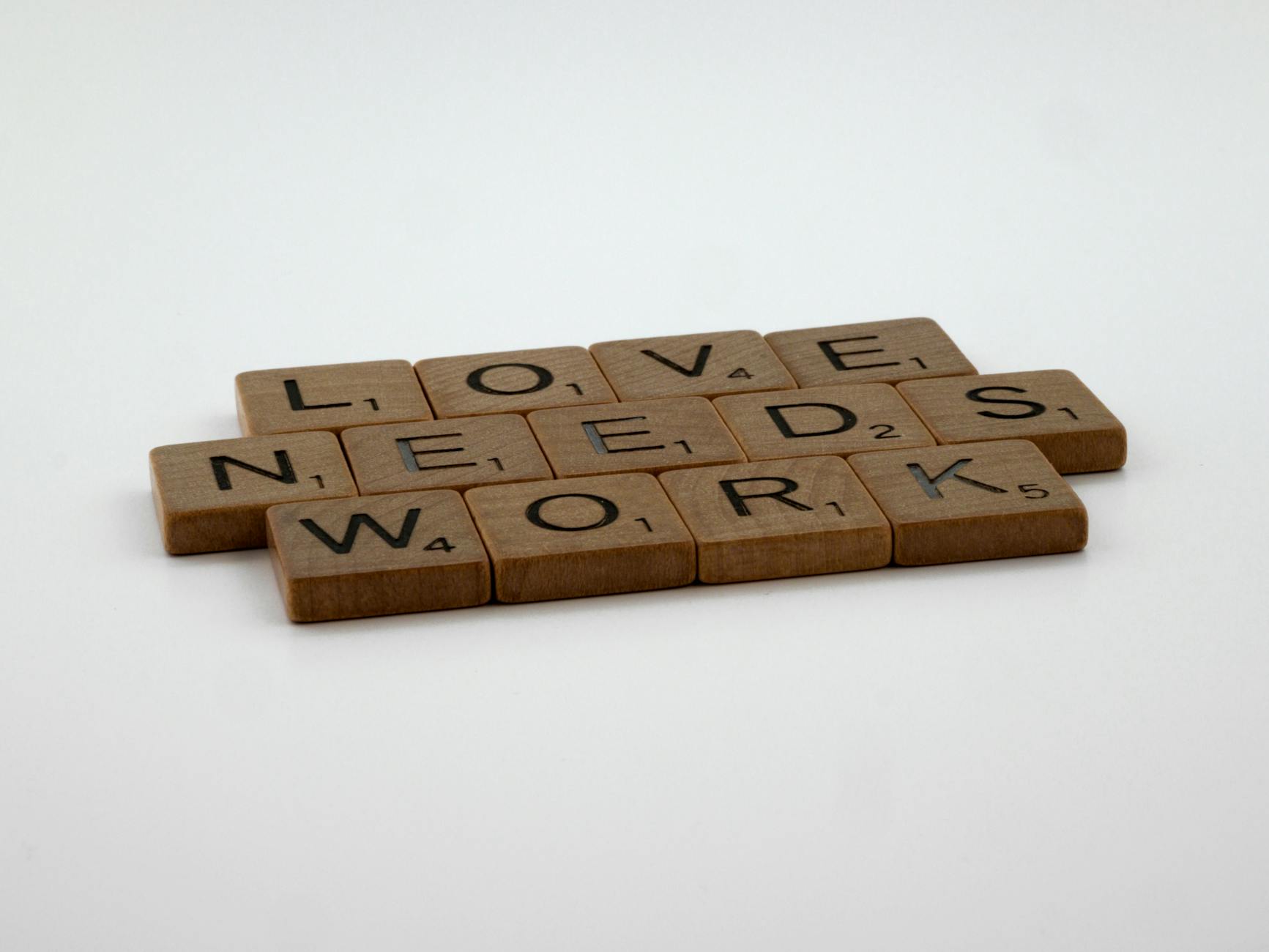Scrabble tiles spelling 'LOVE NEEDS WORK' on a white surface with minimal design. - express relationship needs