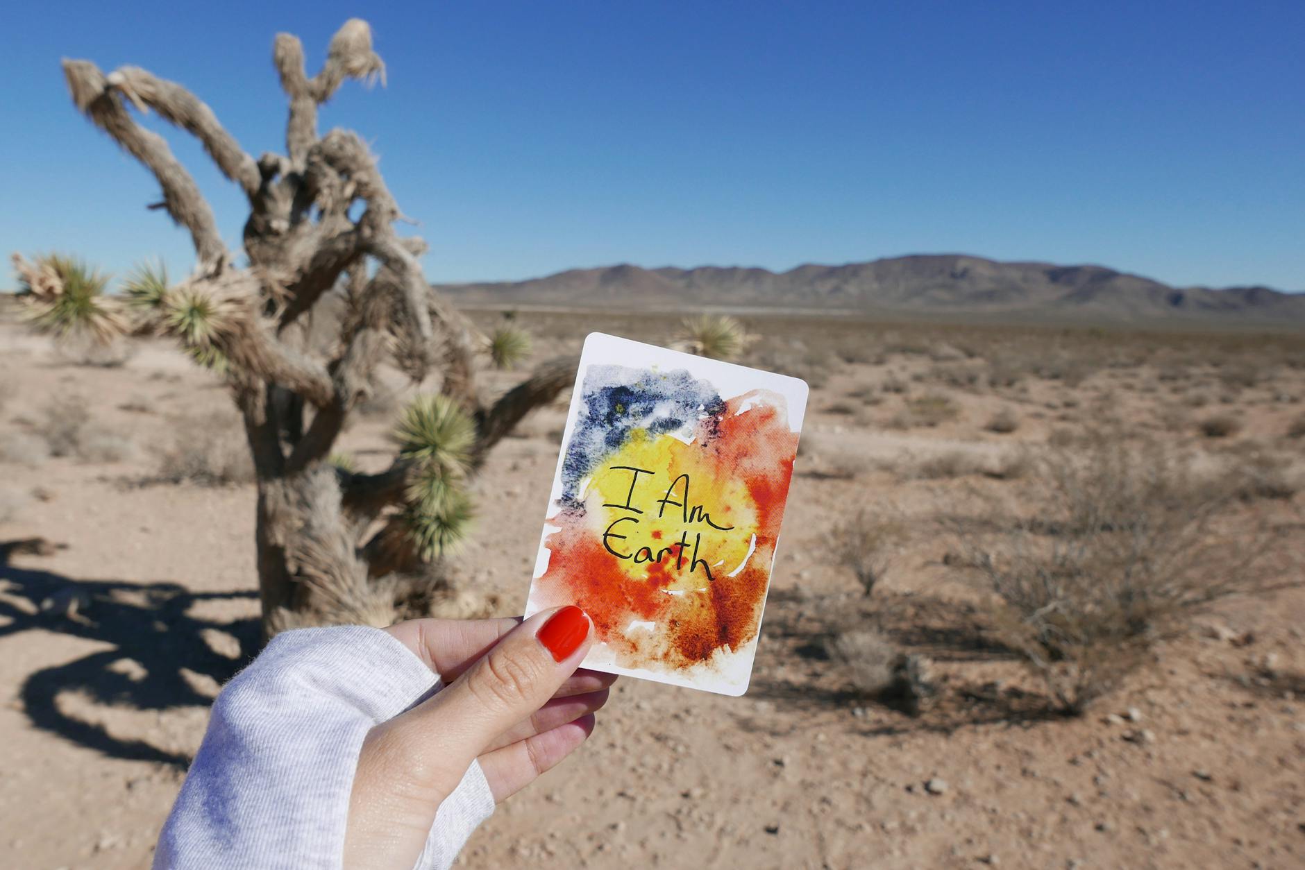 Vibrant card held against Nevada desert landscape, showcasing nature and creativity. - i feel statements