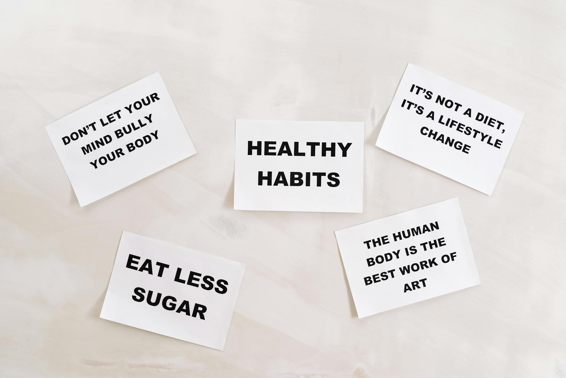 Collection of motivational cards promoting healthy habits and lifestyle on a minimalistic white background. - mindful eating winter wellness