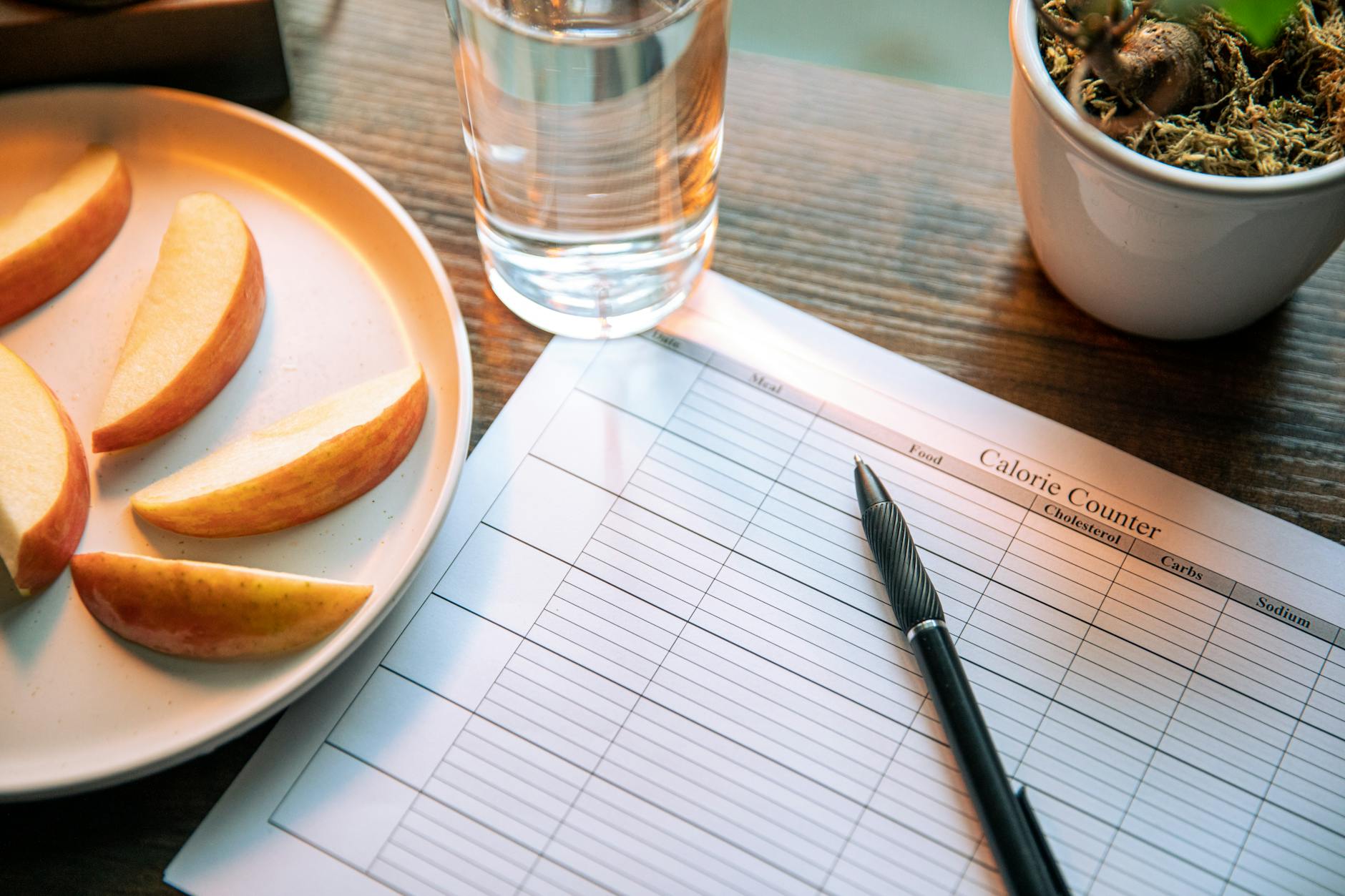 Flat lay featuring apple slices, a calorie counter chart, pen, and a glass of water for a healthy lifestyle. - mindful eating winter wellness