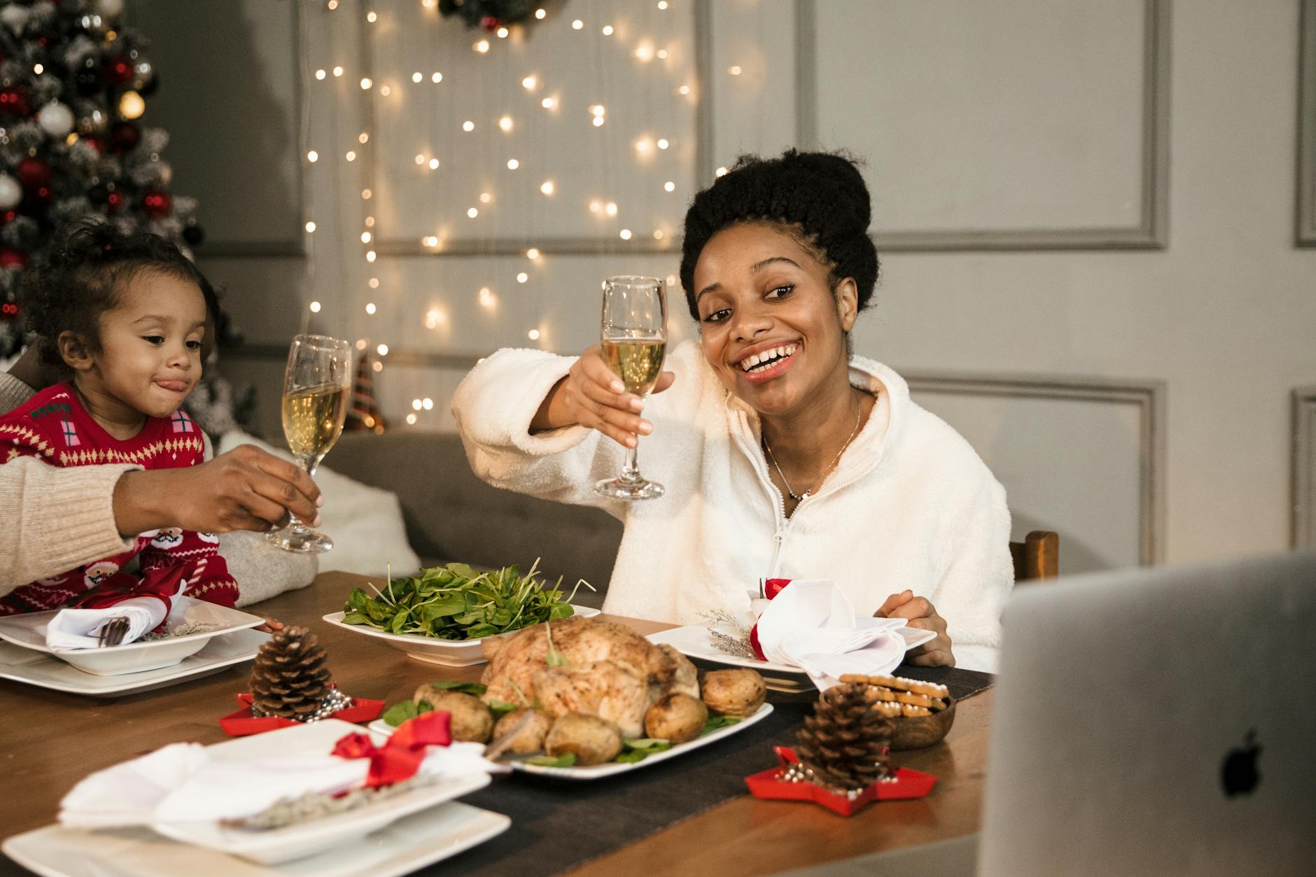A joyful Christmas dinner with family, sharing festive moments and toasting with champagne. - post holiday family talk