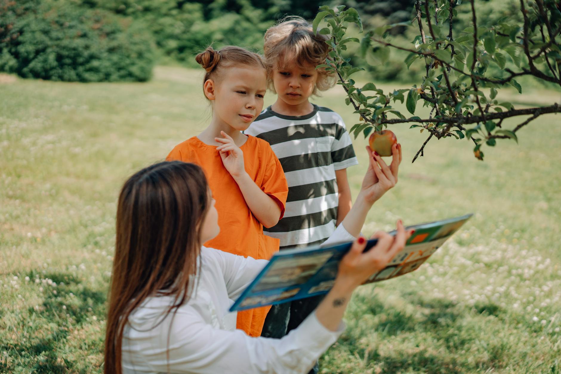 Young children learning outdoors with a teacher, exploring nature and reading a book. - preschool outdoor learning
