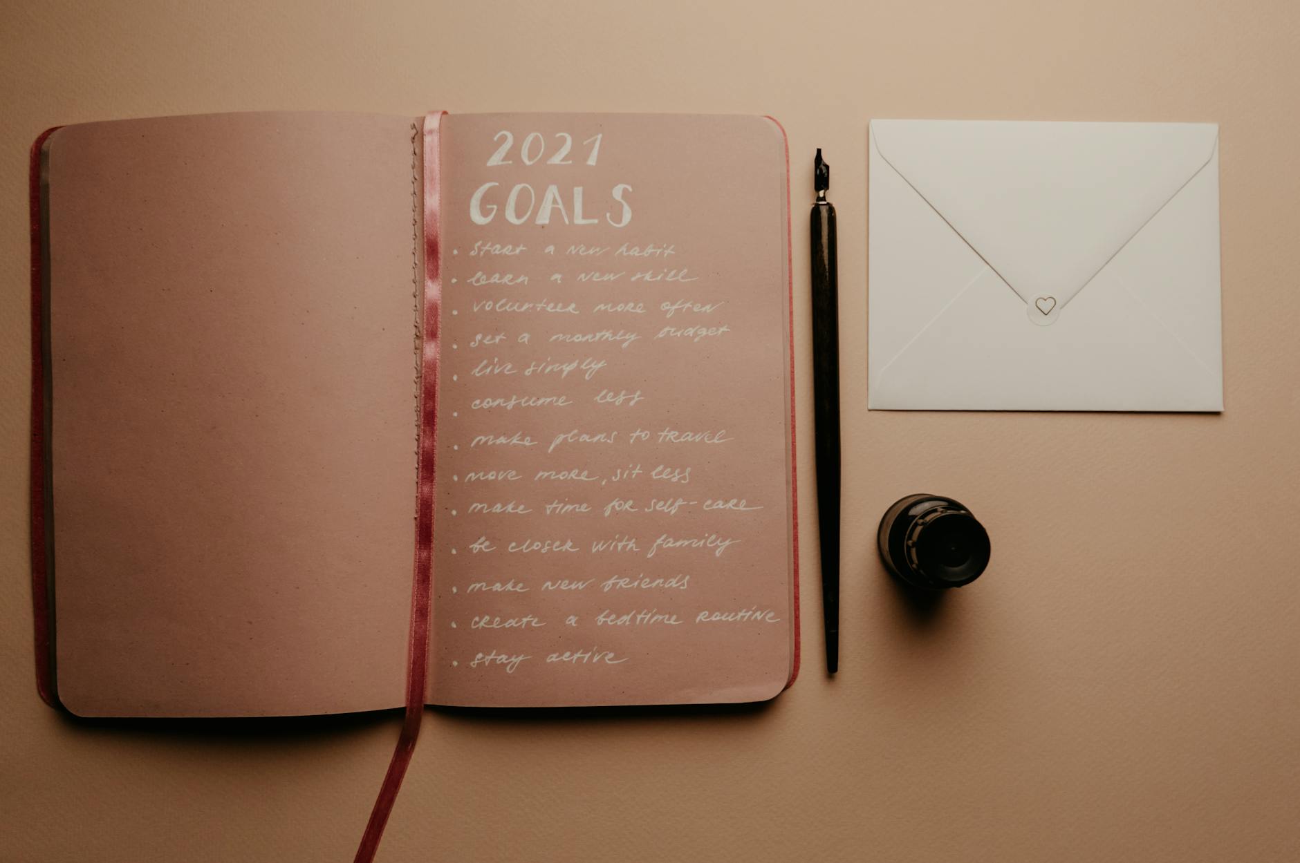 Open notebook with 2021 goals, calligraphy pen, envelope, and ink jar on neutral background. - realistic personal growth goals