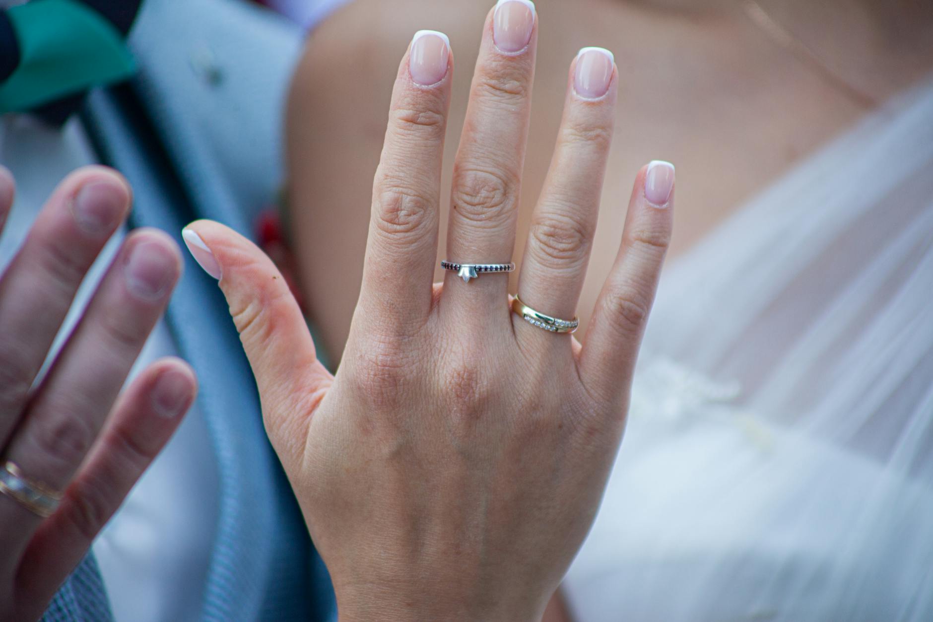 A close-up view of wedding rings on a bride's hand, symbolizing commitment and love. - rekindle marital intimacy
