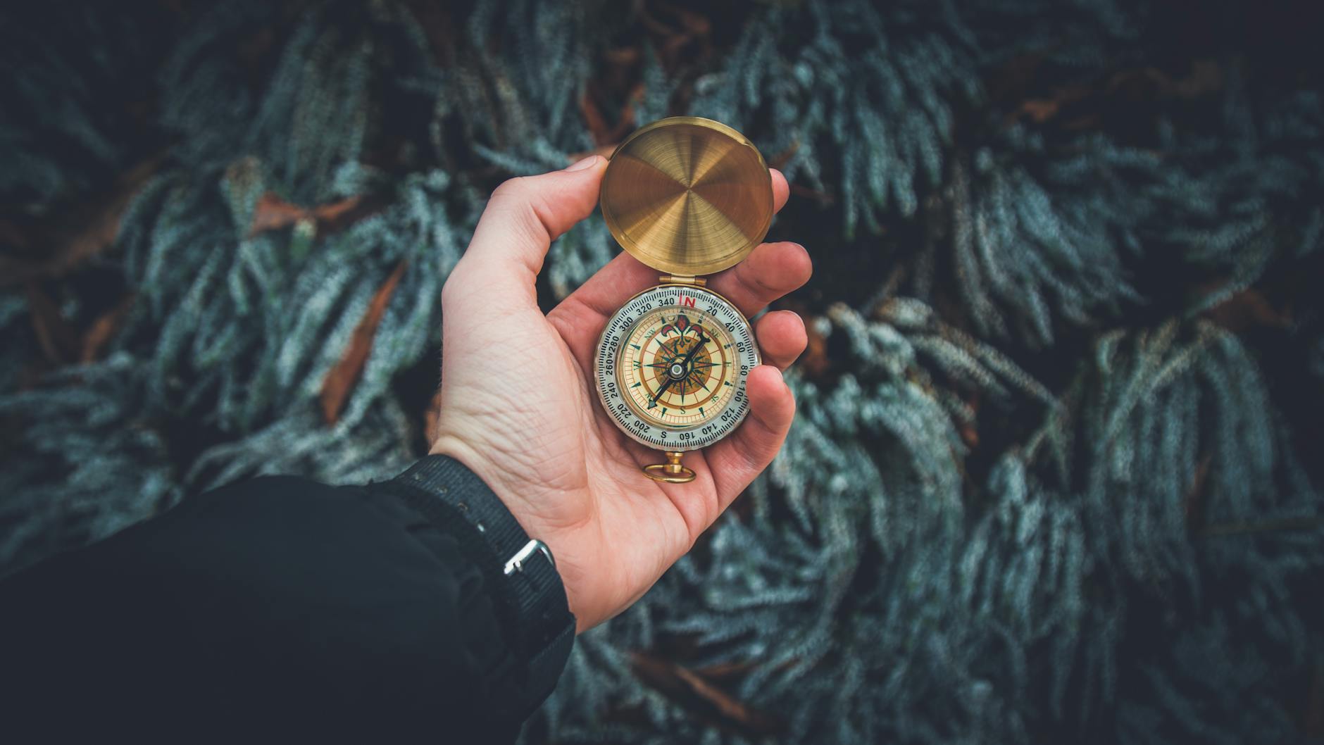 A close-up shot of a hand holding a vintage compass against a natural background. - self compassion practices