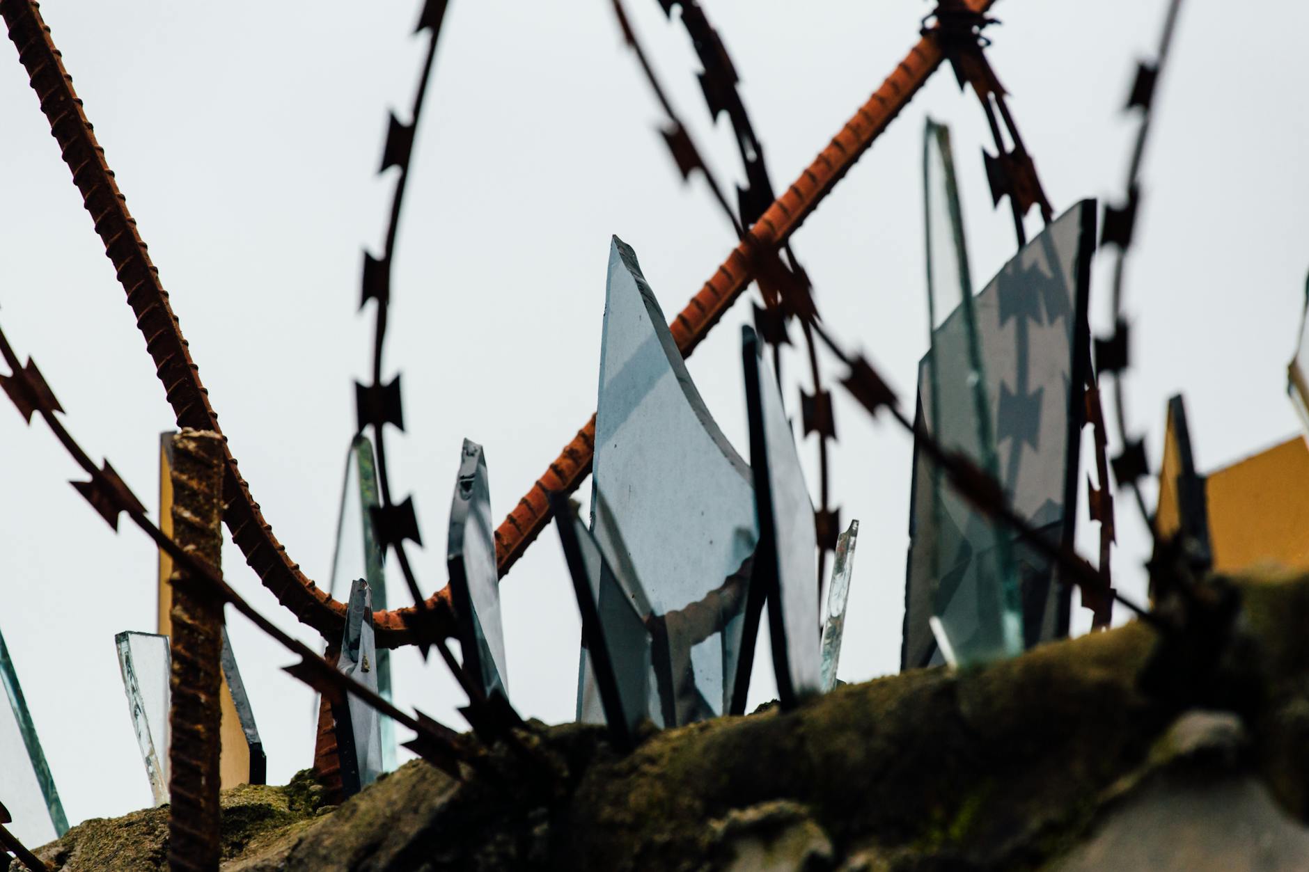 Close-up view of rusted barbed wire with jagged broken glass, conveying danger and security. - setting boundaries adult children
