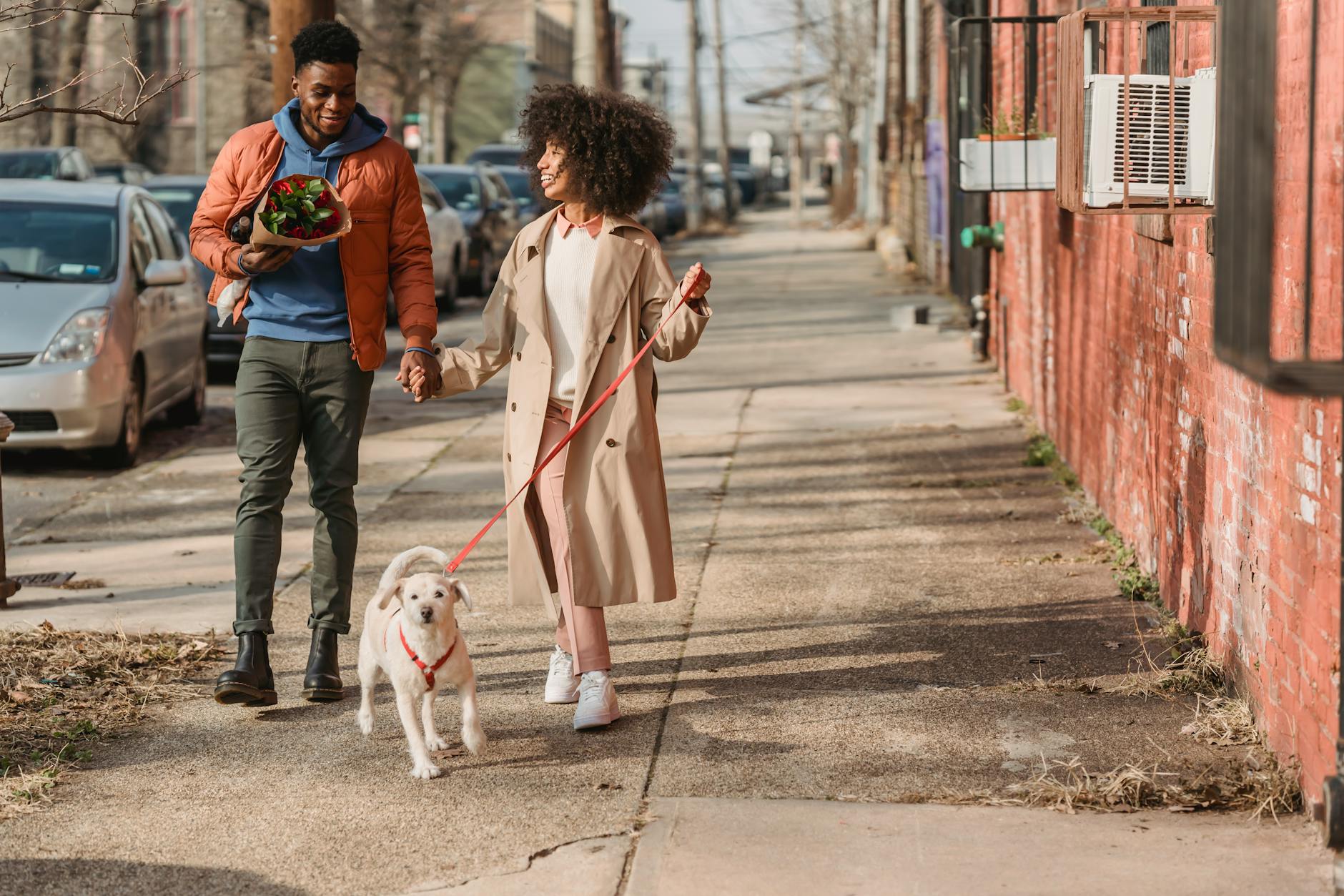 Full body of African American man and woman on date holding hands walking on pavement with cute dog - spring dating refresh