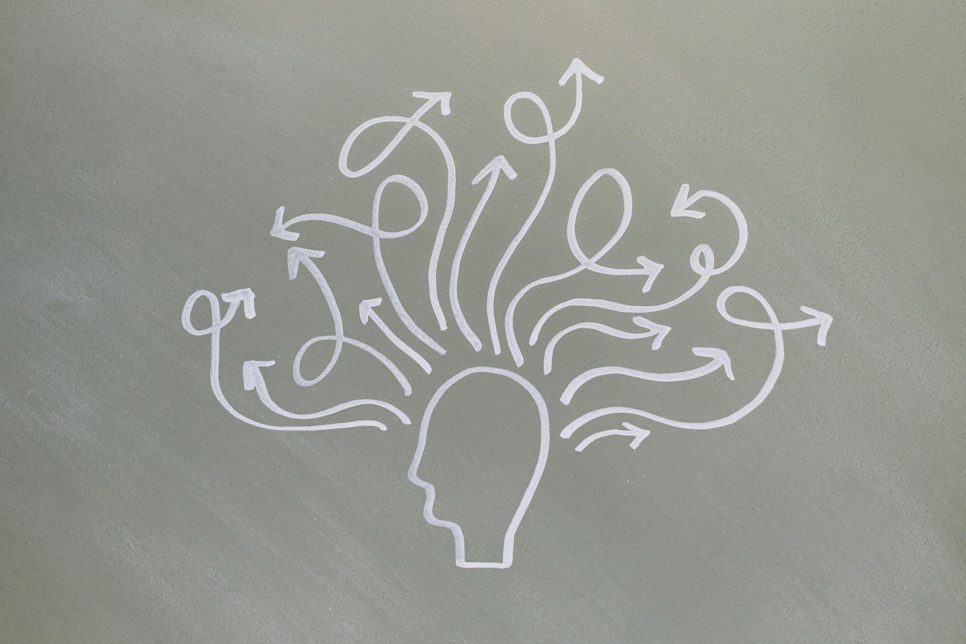 Conceptual chalk drawing illustrating mental health challenges with arrows representing thoughts. - spring mental reset