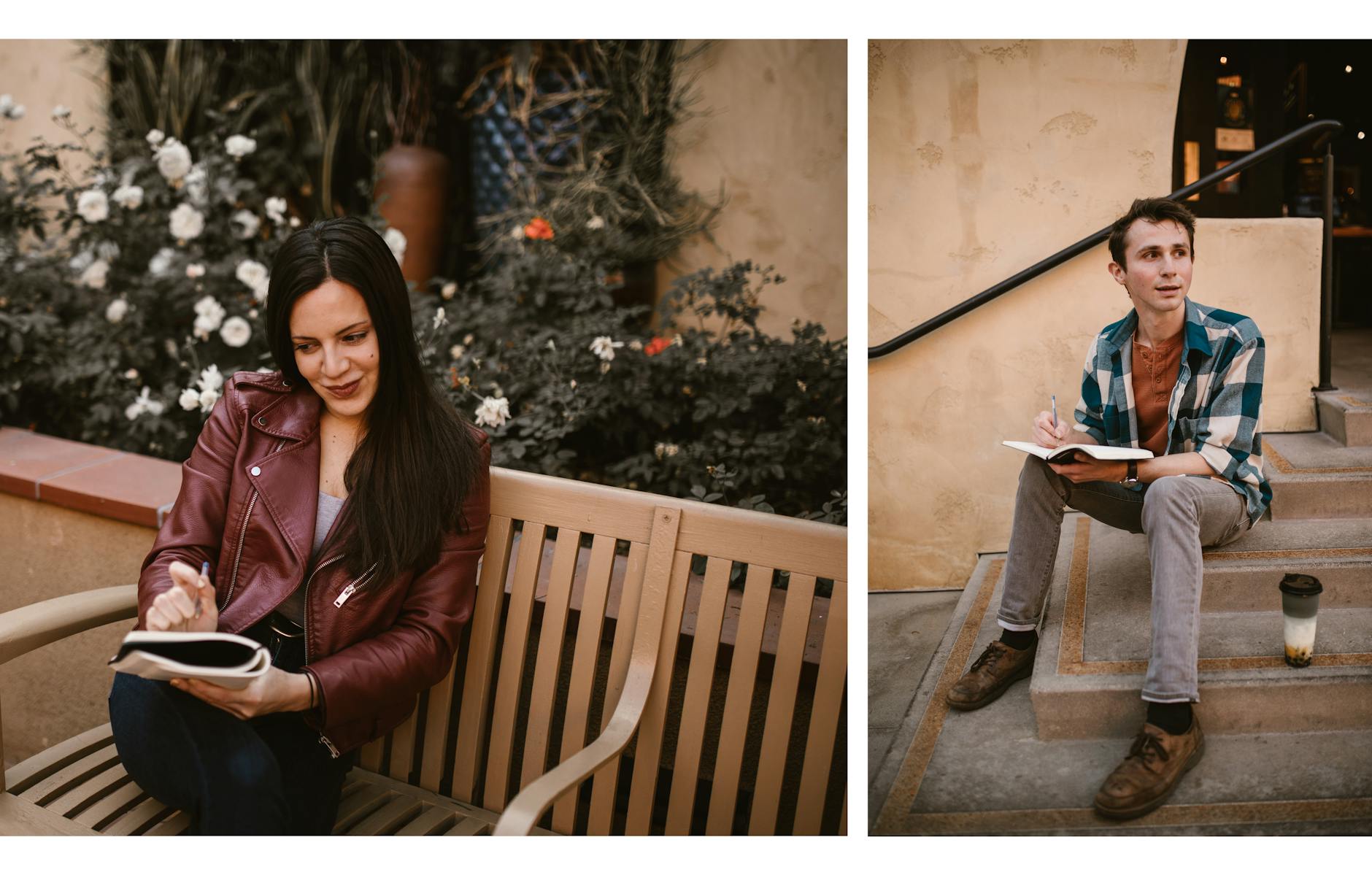 Two friends enjoy outdoor writing, sitting separately in cozy spaces. - spring relationship goals