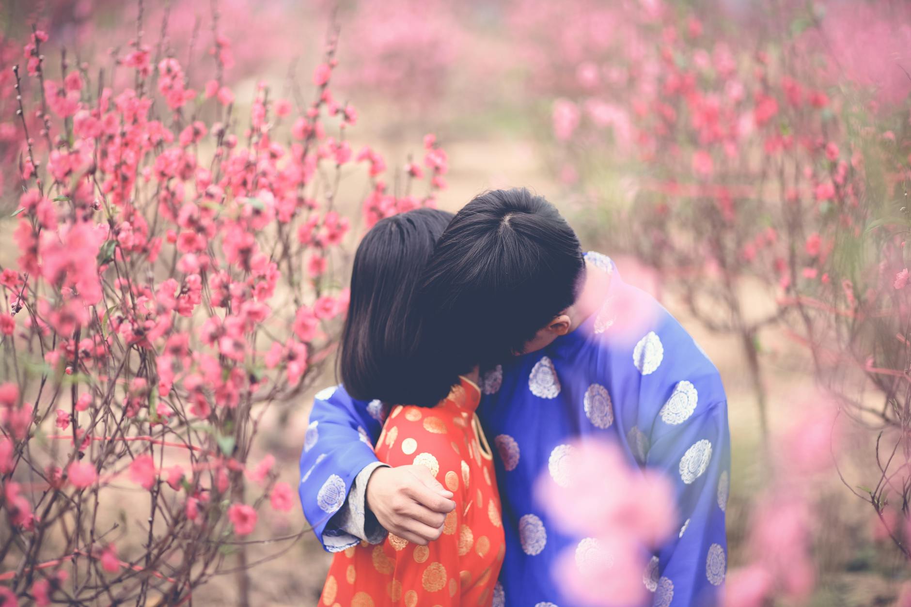 Couple in colorful traditional attire sharing a loving embrace in a flower garden. - spring relationship reconnection