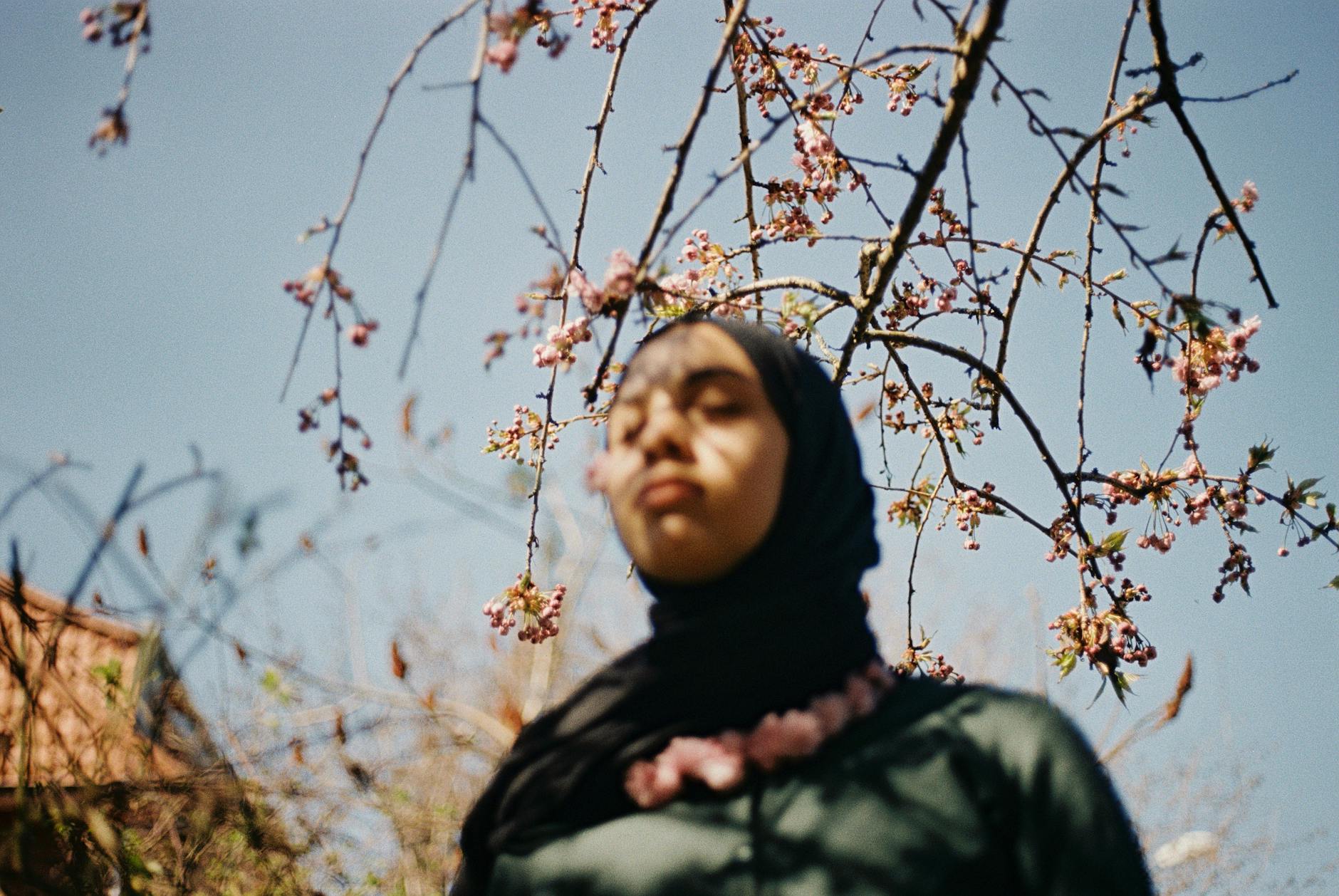 A serene portrait of a woman in a hijab surrounded by blooming branches outdoors. - springtime sadness