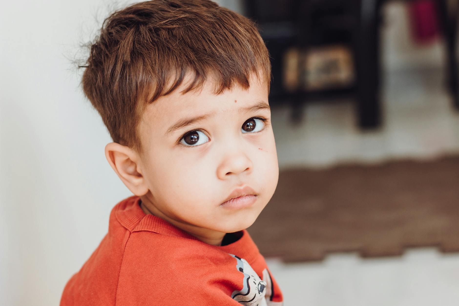 Close-up portrait of a young boy indoors looking thoughtful and inquisitive. - child emotional changes