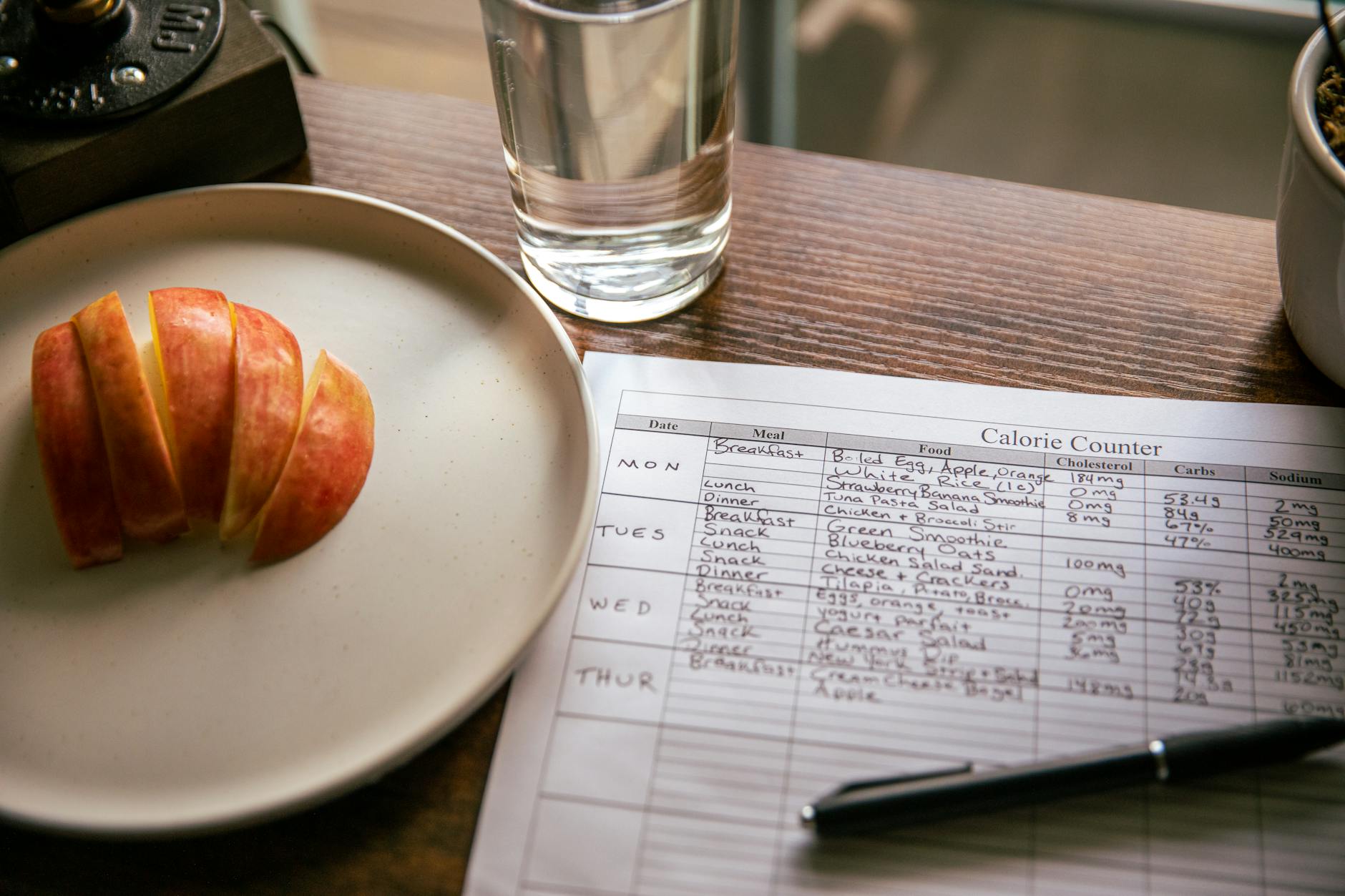 A table setup with apple slices, a calorie counting sheet, and a glass of water for a dieting scene. - diet for mental clarity