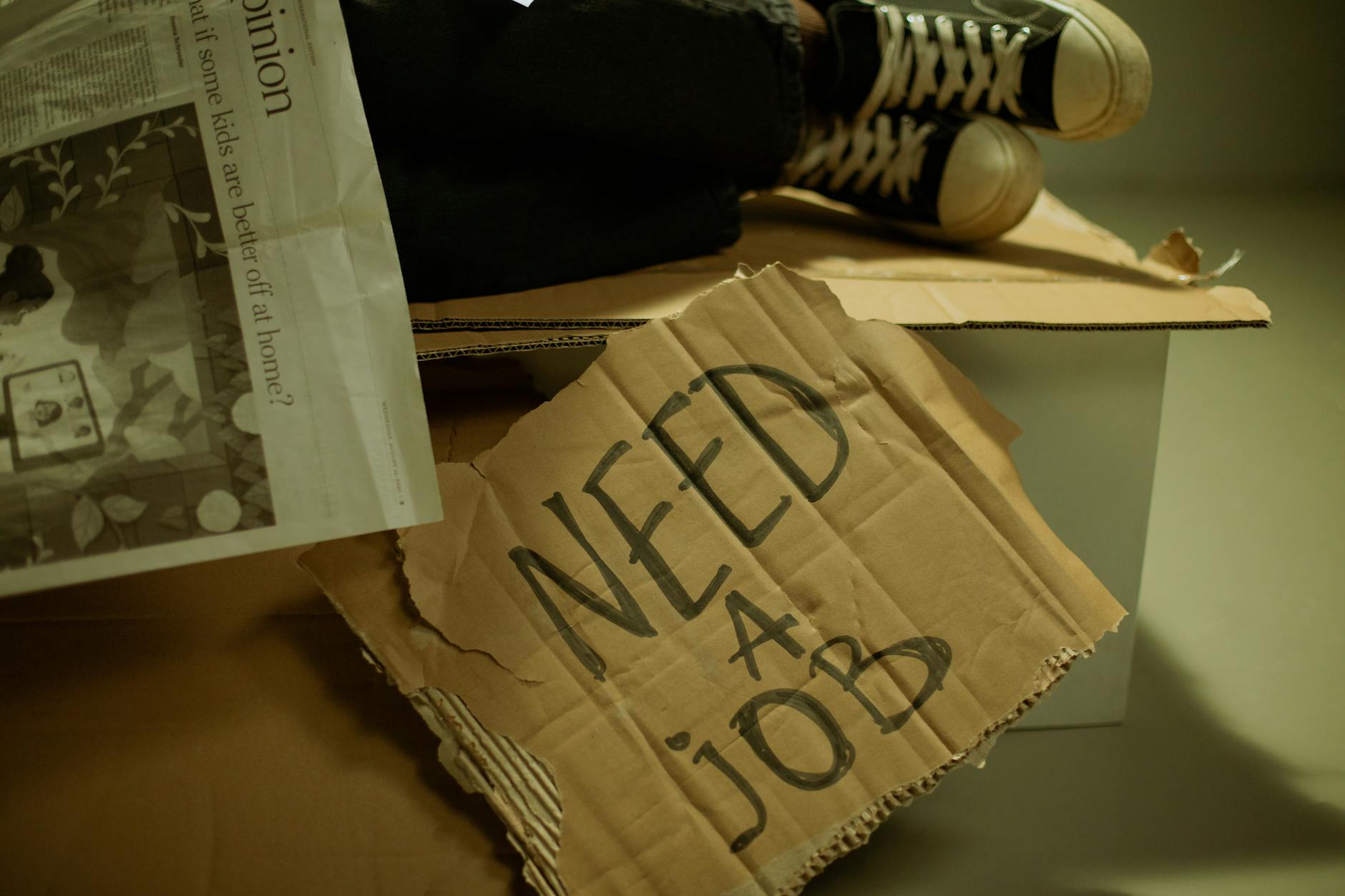 Close-up of a cardboard sign and newspaper depicting joblessness and unemployment. - express needs family