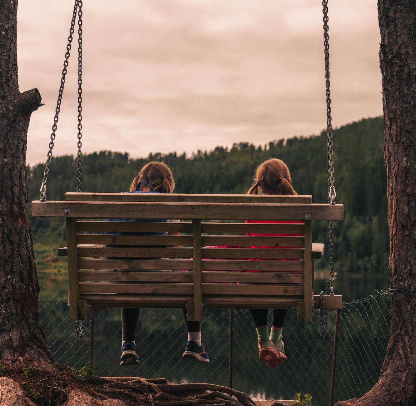 Two children swing on a lakeside bench swing surrounded by trees in a serene Norwegian landscape. - seasonal mood swings