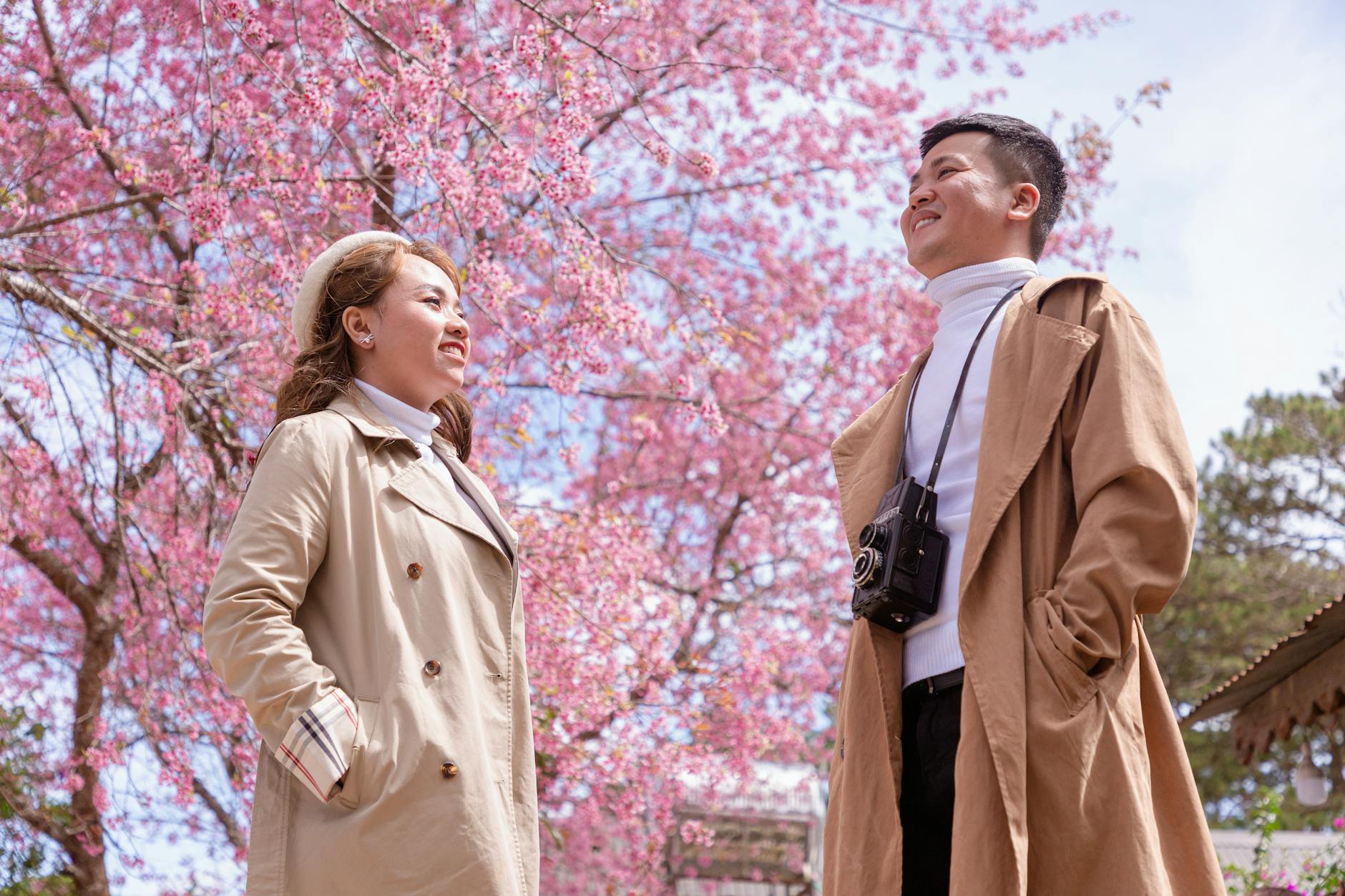 A cheerful couple in trench coats enjoying cherry blossoms in a sunny spring park setting. - spring dating ideas