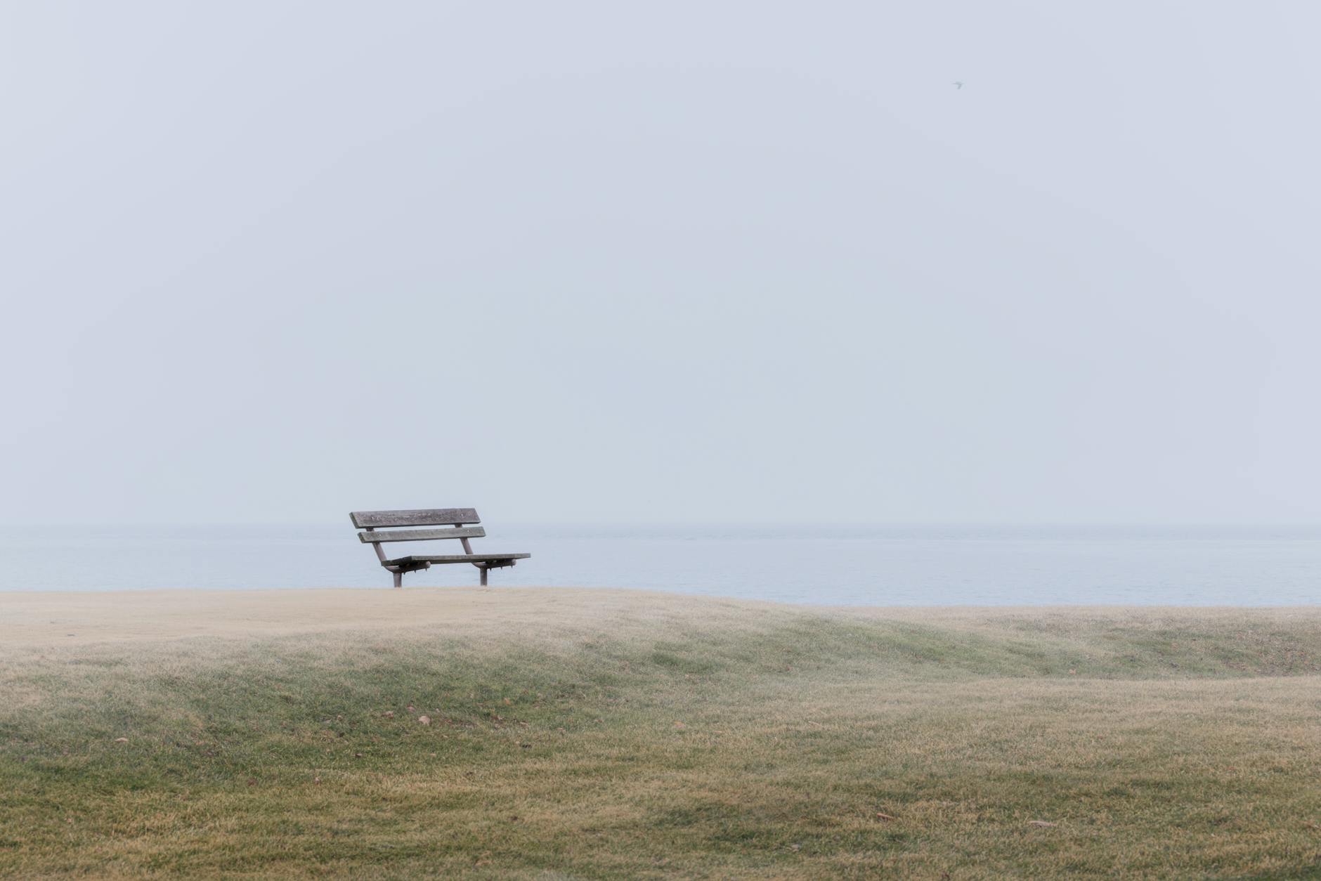 Serene and peaceful scene of an empty bench by a tranquil lakeside with misty ambiance. - spring loneliness