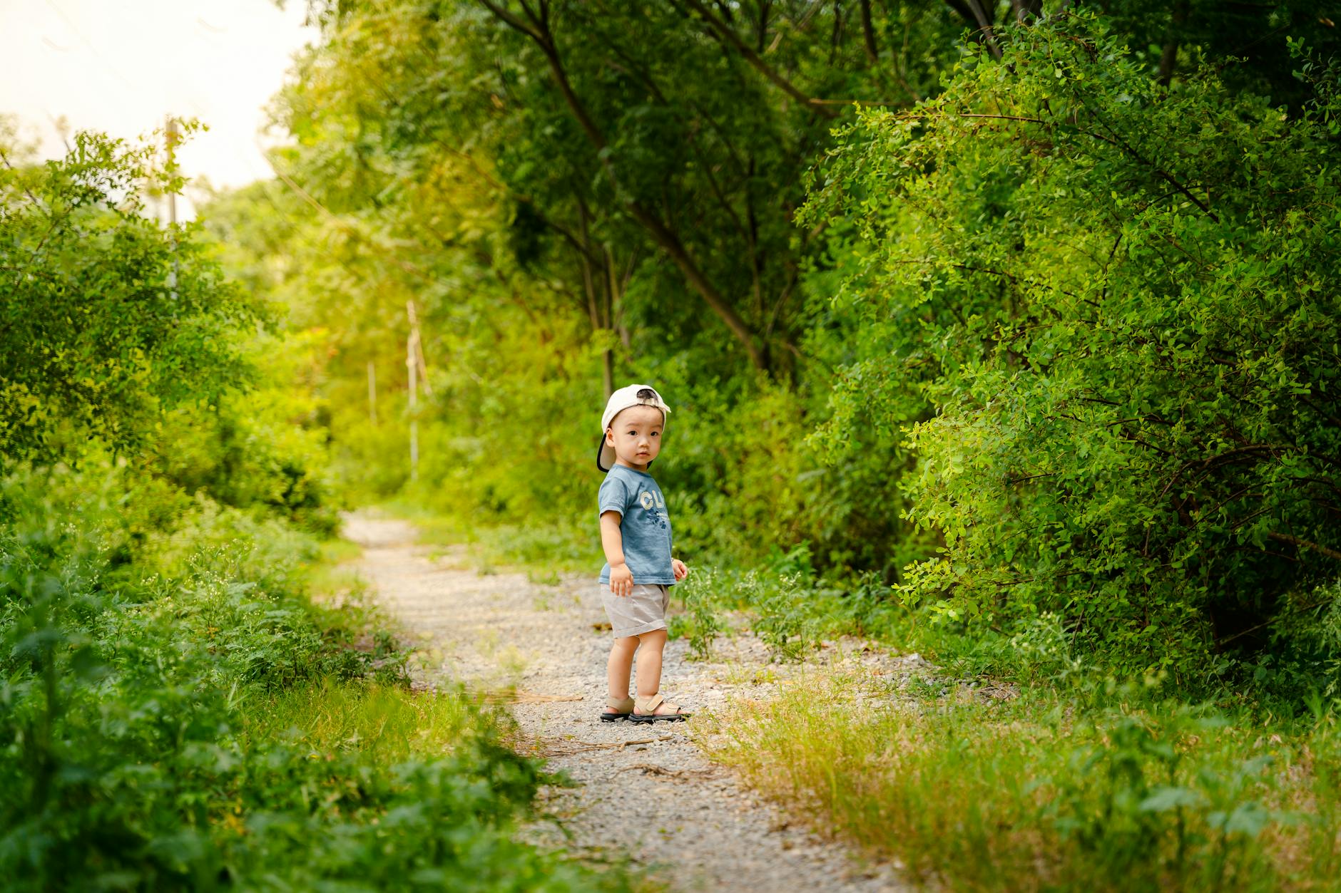 A young boy walking along a sunlit gravel path in a lush green forest during summer. - toddler outdoor exploration