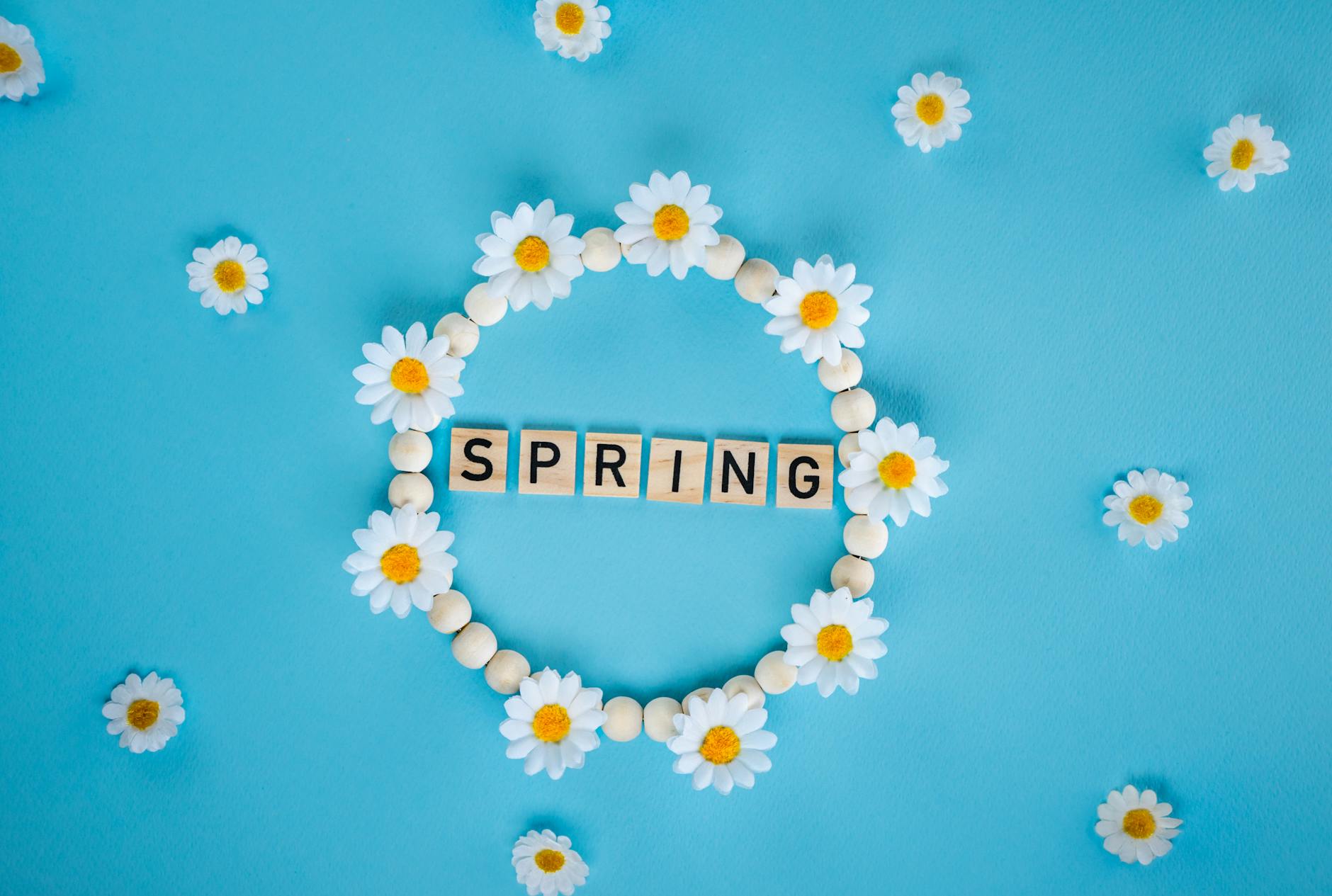 Daisy flower circle on blue backdrop spelling SPRING, perfect for seasonal themes. - cbt for spring stress