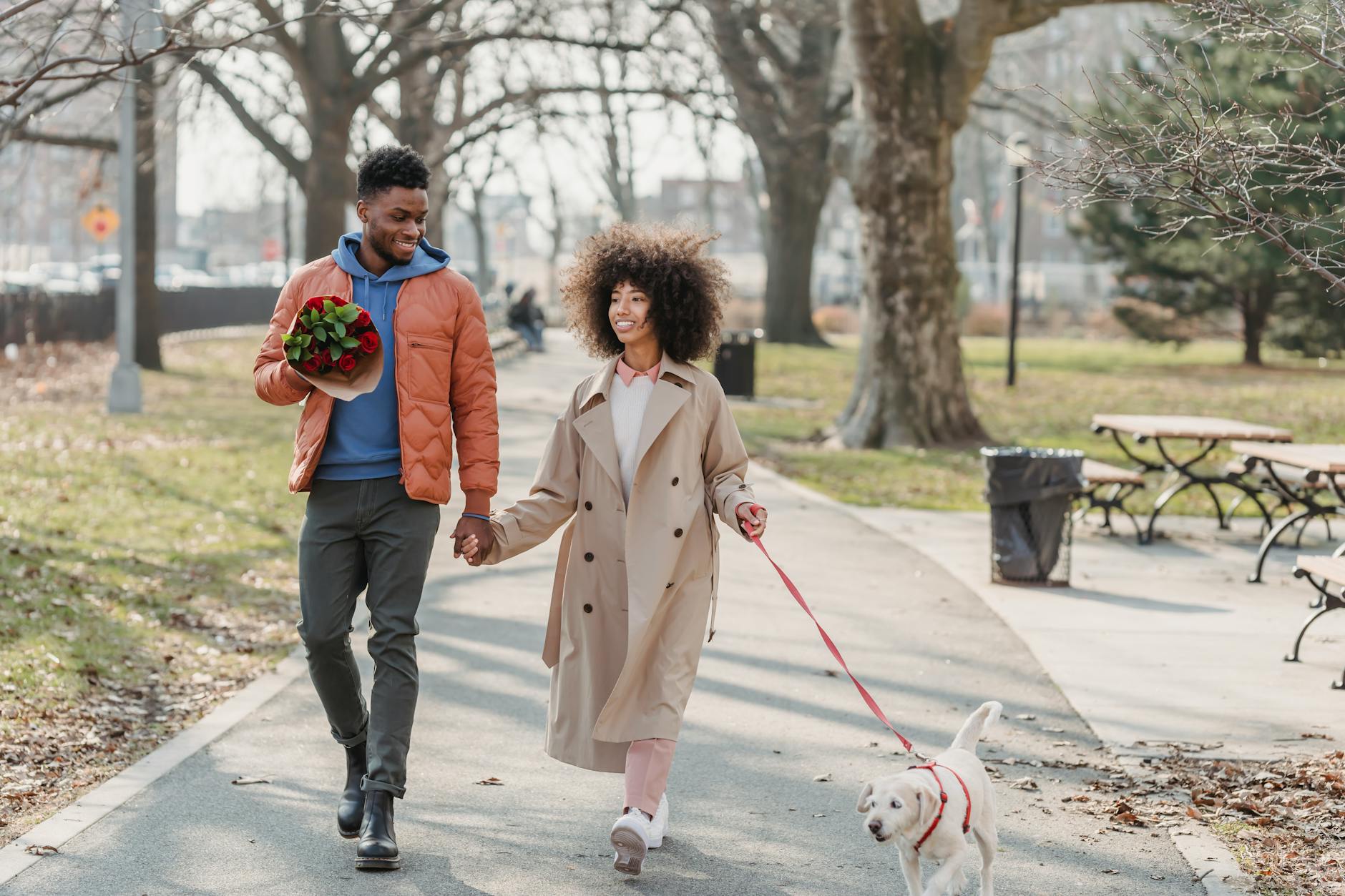 Full body of content African American couple with flowers holding hands while strolling on walkway with dog on leash during date - cheap spring dates