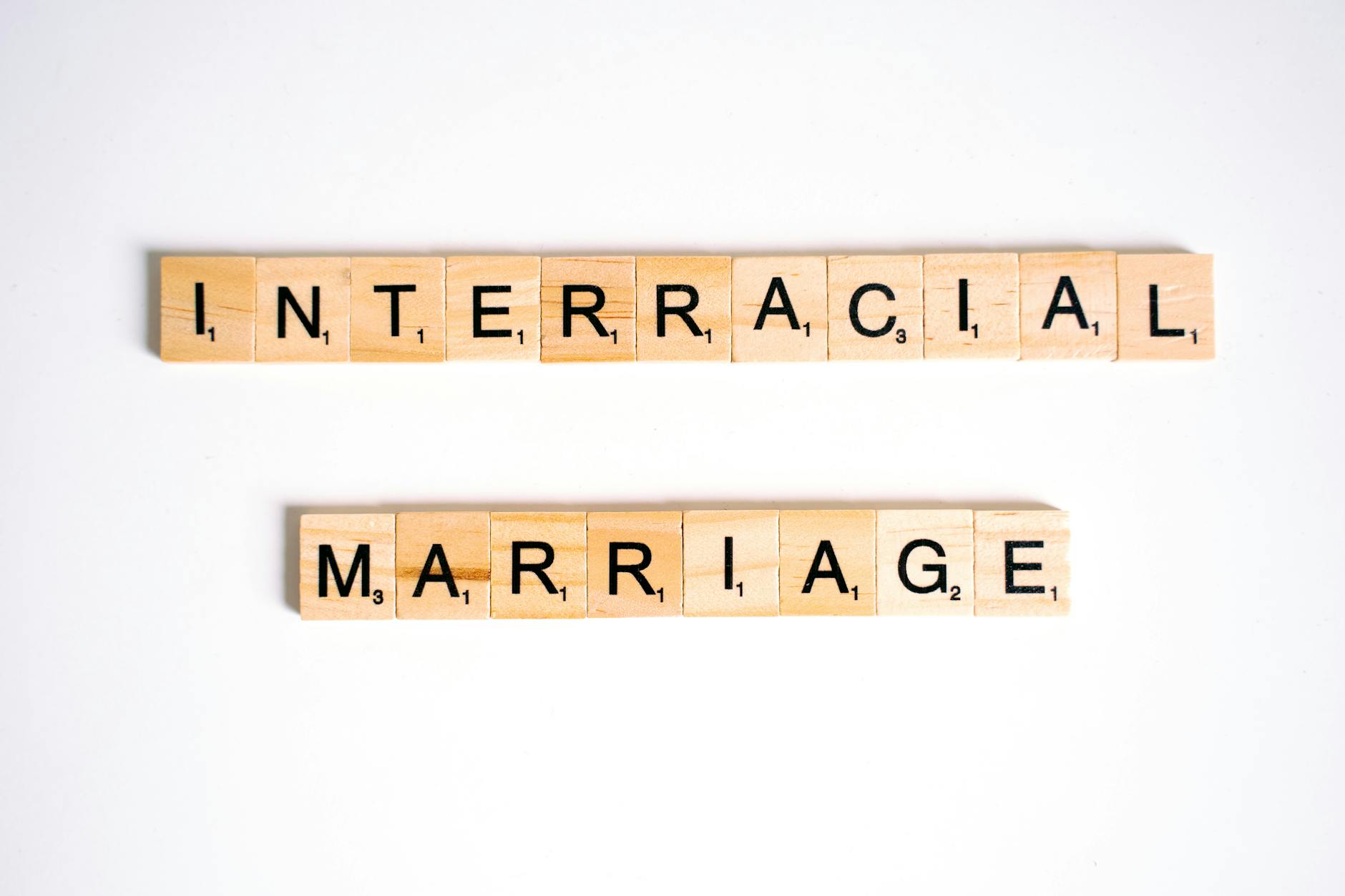 Scrabble tiles arranged to spell 'Interracial Marriage' on a white background. - marriage plateau