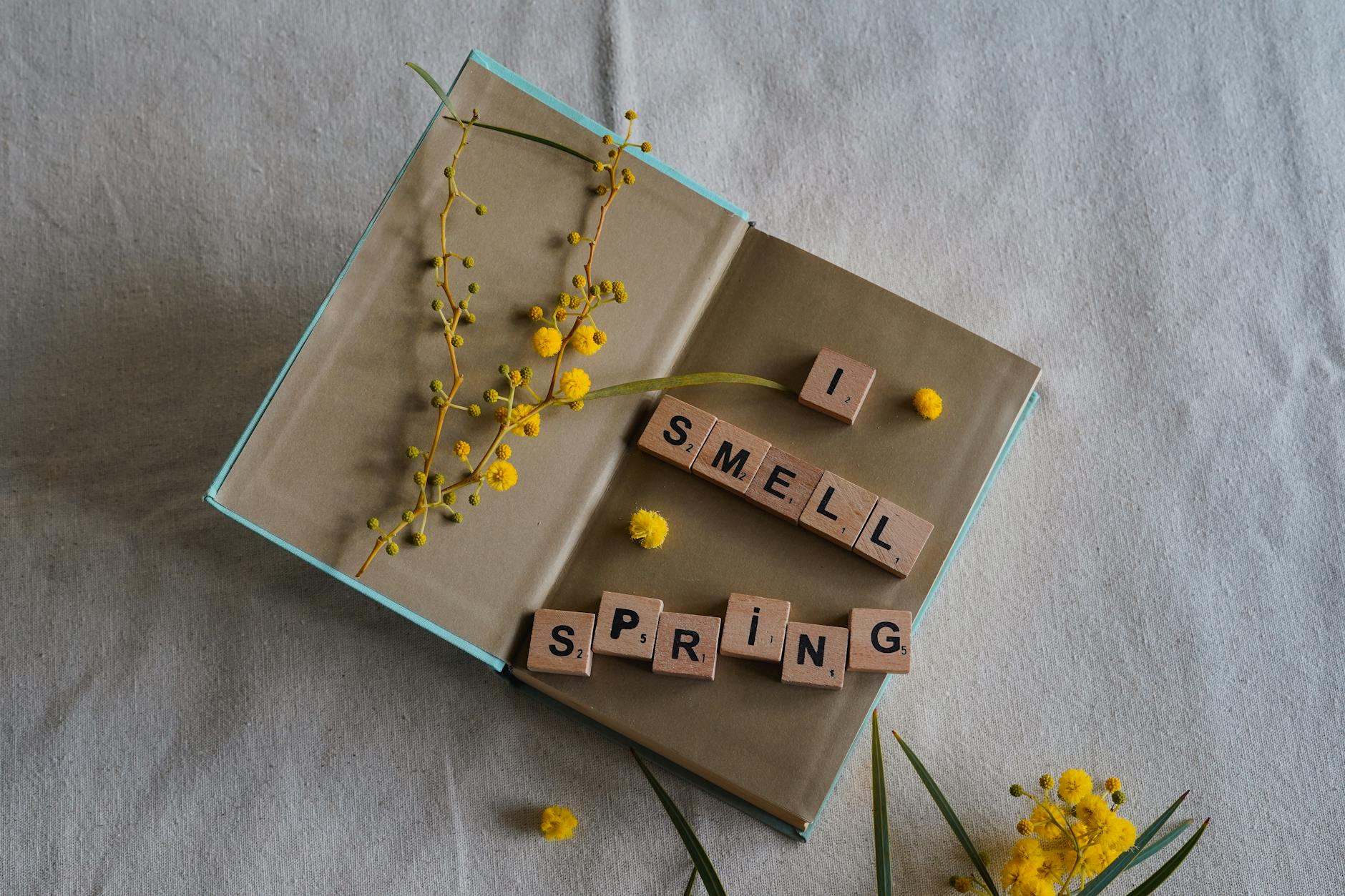 An open book with yellow flowers and wooden tiles spelling 'I smell spring' in a flat lay setup. - spring slump therapy