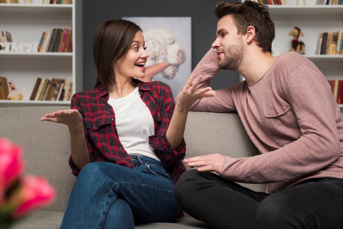 Couple reconnecting emotionally through a heartfelt conversation