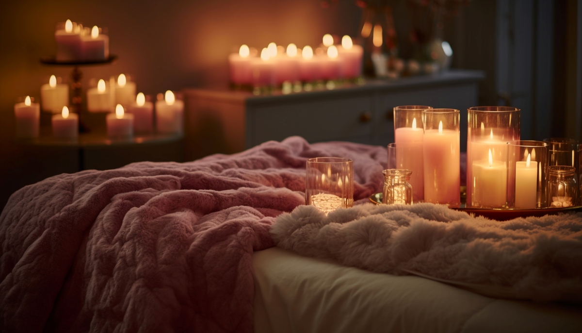 Couple preparing for sensual massage with candles and aromatherapy, enhancing emotional intimacy